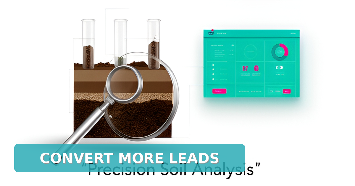 Flat illustration of soil testing samples linked to a lead generation website in teal and magenta with headline Convert More Leads.
