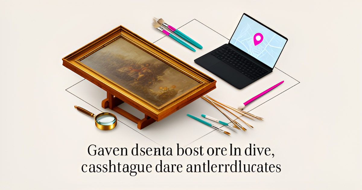 A modern, minimalist illustration of a restored artwork and a computer with a website on screen.