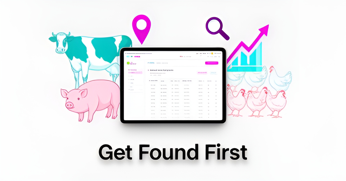 Flat illustration of a feed store and ranch landscape with search and location pin graphics, accented in teal and magenta.