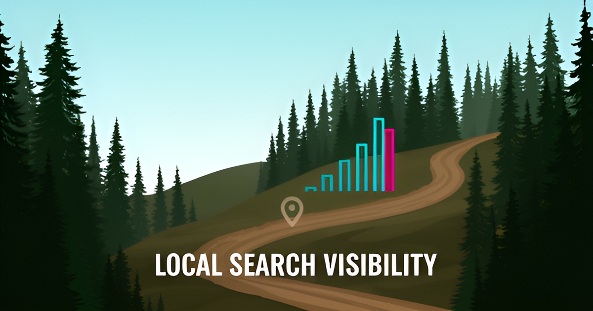 Flat illustration of a pine forest landscape with a location pin and search bar symbolizing local SEO for logging companies, with a bold headline reading Dominate Local Search.