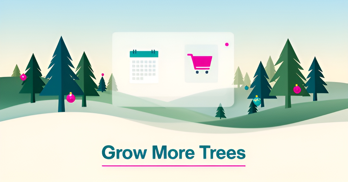 Flat illustration of a snowy Christmas tree farm with a glowing barn and laptop symbolizing online reservations, accented in teal and magenta.