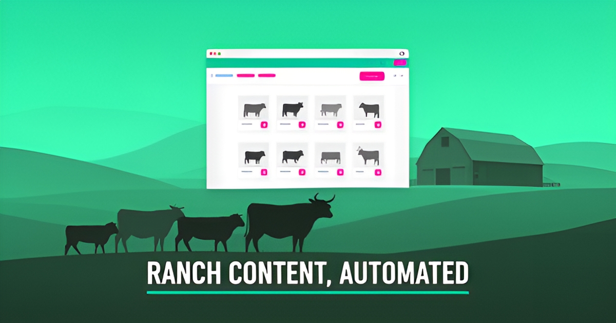A stylized illustration of a cattle ranch with a tablet showing a ranch website on a modern flat design.
