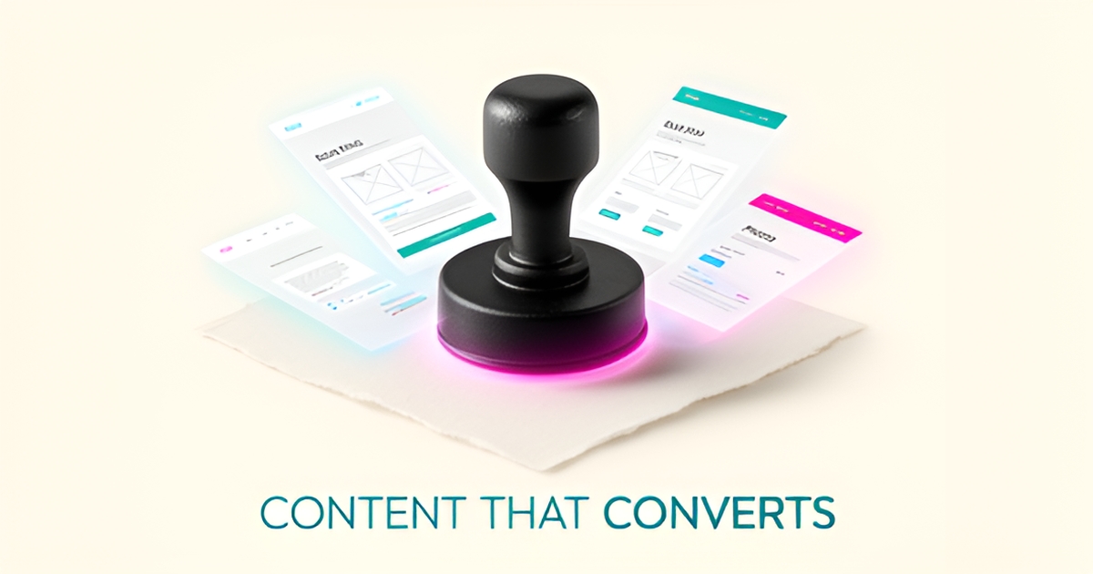 Flat illustration of a custom stamp pressing a page that blooms into website layouts, with the headline Content That Converts.