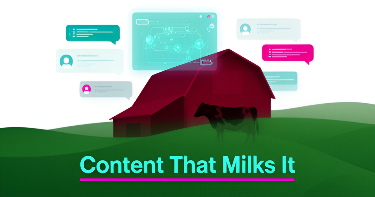 Flat illustration of a dairy farm with barn, pasture, and cow silhouette accented by teal and magenta AI tech elements and a bold headline.
