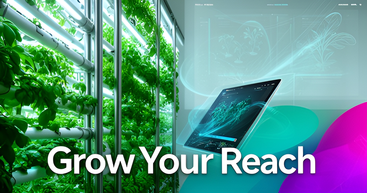 Flat illustration of a glowing vertical farm tower with teal and magenta accents and the headline Content That Grows.
