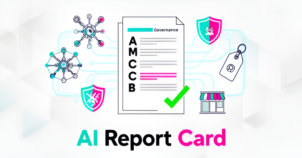 Flat illustration of a graded AI report card surrounded by icons for agentic systems, governance, and pricing, with the headline 'AI Report Card'.