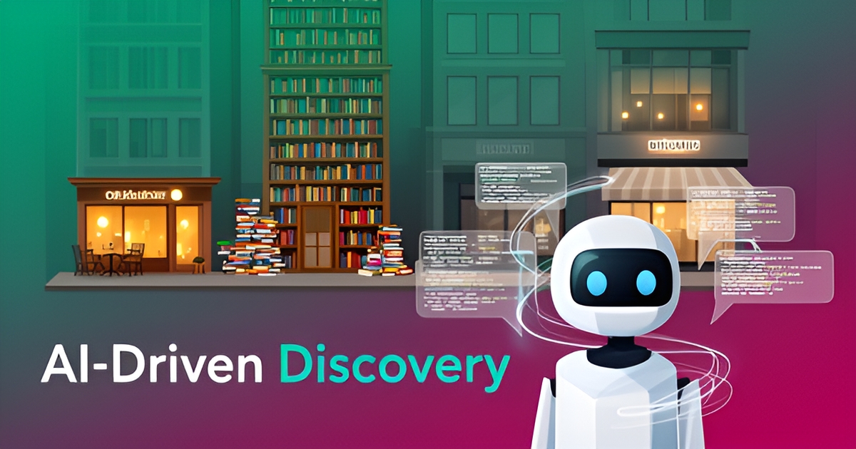 A stylized illustration of a cityscape with local businesses and a chatbot, representing AI-driven discovery and recommendation.