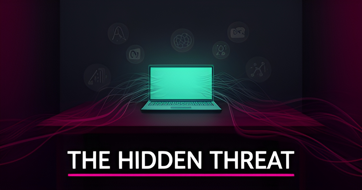 Flat illustration of a small business laptop leaking shadowy AI data streams, with headline The Hidden Threat.