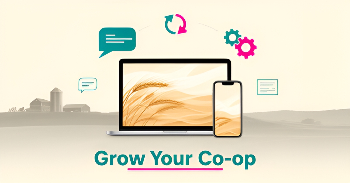 Flat illustration of a farm co-op website on laptop and phone with AI chat and automation icons in teal and magenta, headline reading Grow Your Co-op.