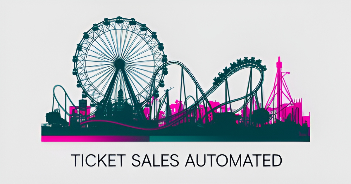 A minimalist flat illustration of an amusement park with teal and magenta accents, representing automated ticket sales technology.