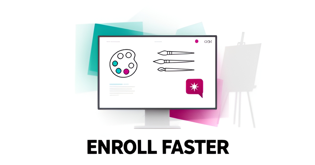 Flat illustration of an art school website with AI chat assistant elements in teal and magenta, headline reading ENROLL FASTER.