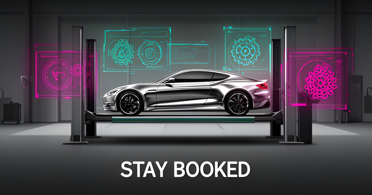 A modern flat illustration of an auto body shop with digital overlays and the headline 'Stay Booked'.