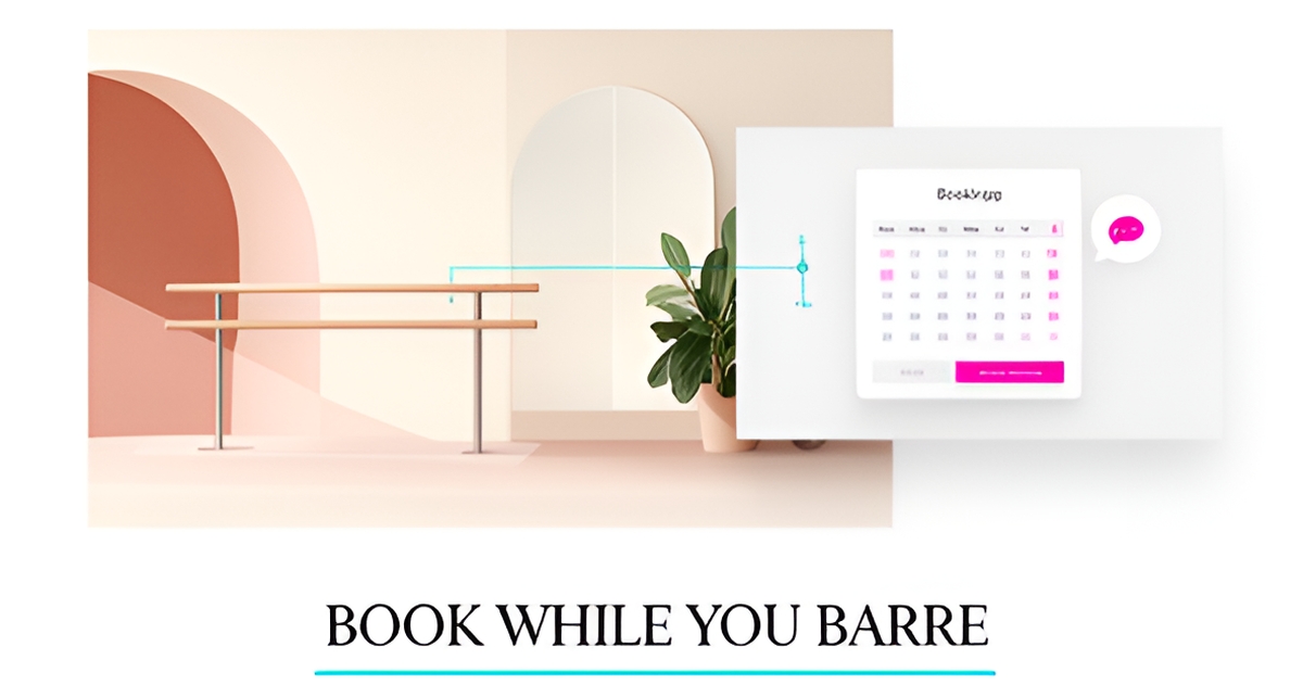 Flat illustration of a barre studio with a floating website booking panel and chat bubble, accented in teal and magenta.