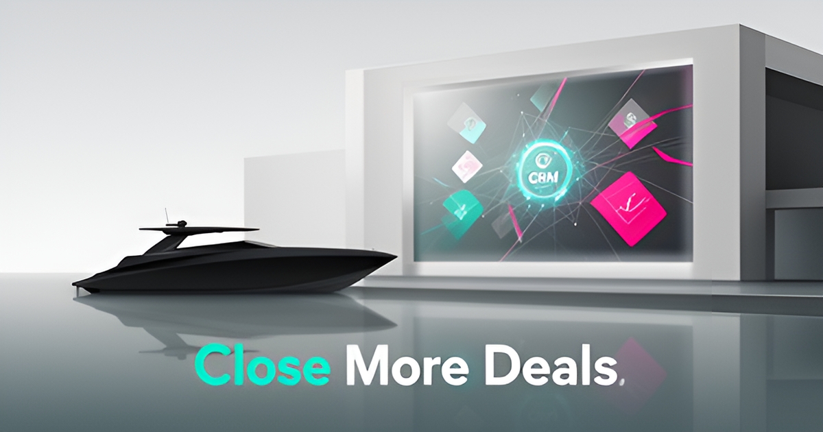 Flat illustration of a boat dealership with digital lead-capture interface in teal and magenta, headline reading Close More Deals.