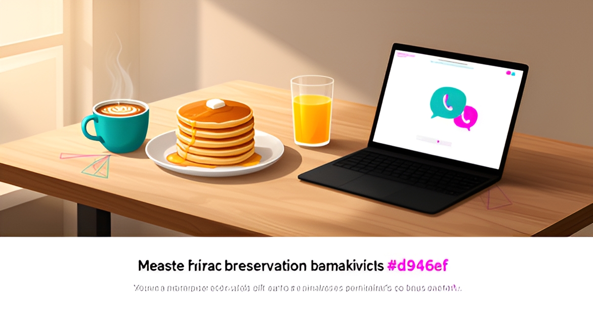 Flat illustration of a brunch table with pancakes and coffee beside a laptop displaying a restaurant website with AI chat and booking icons in teal and magenta.