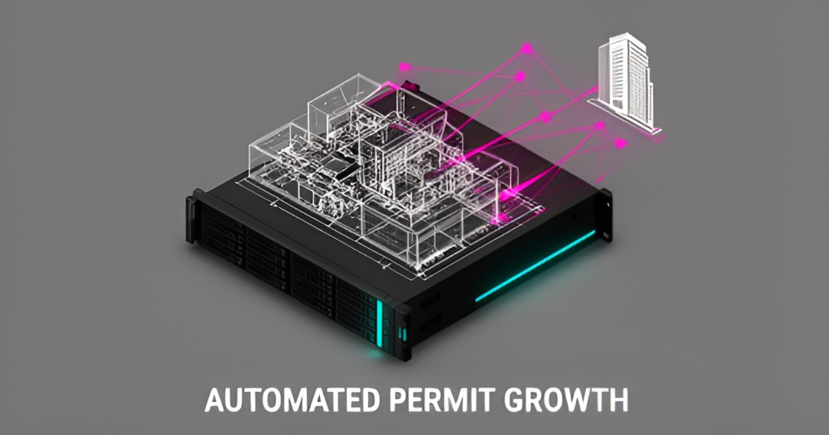 A minimalist flat illustration showing architectural blueprints and digital AI data connections, representing automated building code consulting services.