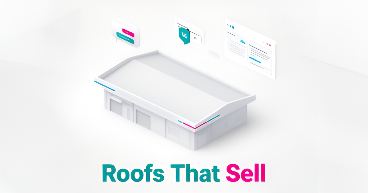 Flat illustration of a commercial rooftop building with AI chat and lead follow-up interface cards in teal and magenta accents.