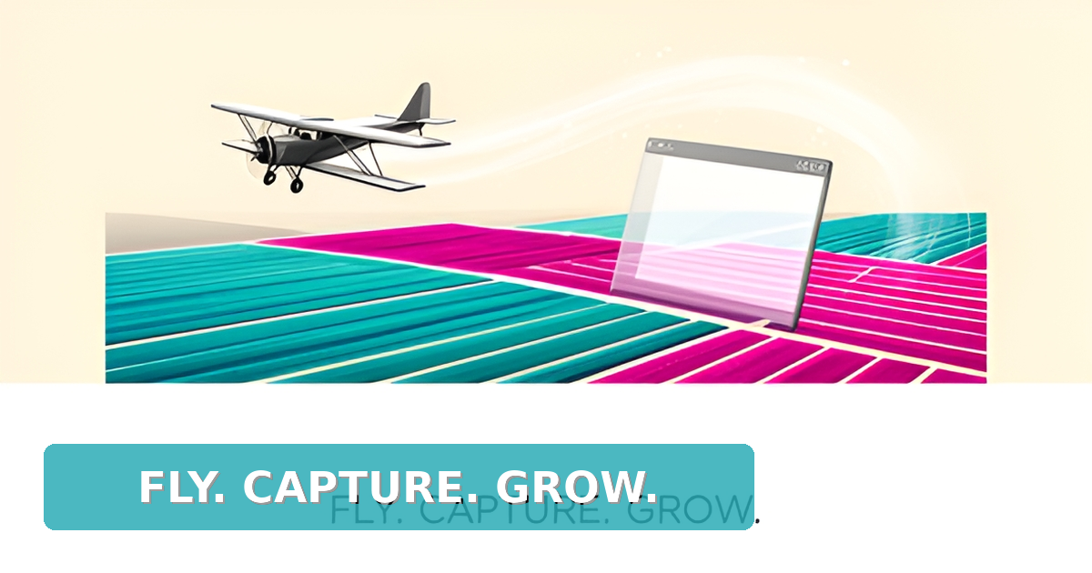 Flat illustration of a crop duster plane over teal and magenta farm fields with a website interface integrated into the landscape.