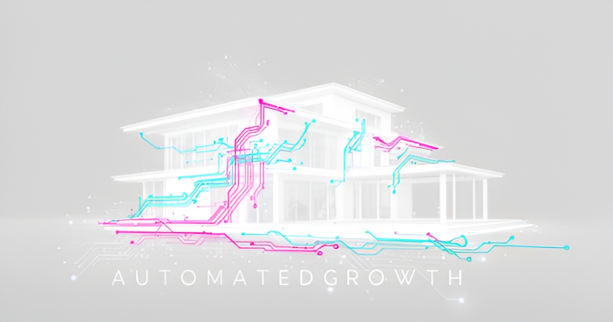A professional flat illustration of a modern home silhouette featuring digital connectivity, representing AI-powered custom home builder website services.