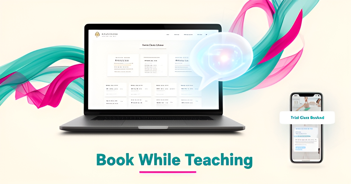 Flat illustration of a dance school website on a laptop with AI chat and booking notifications in teal and magenta.