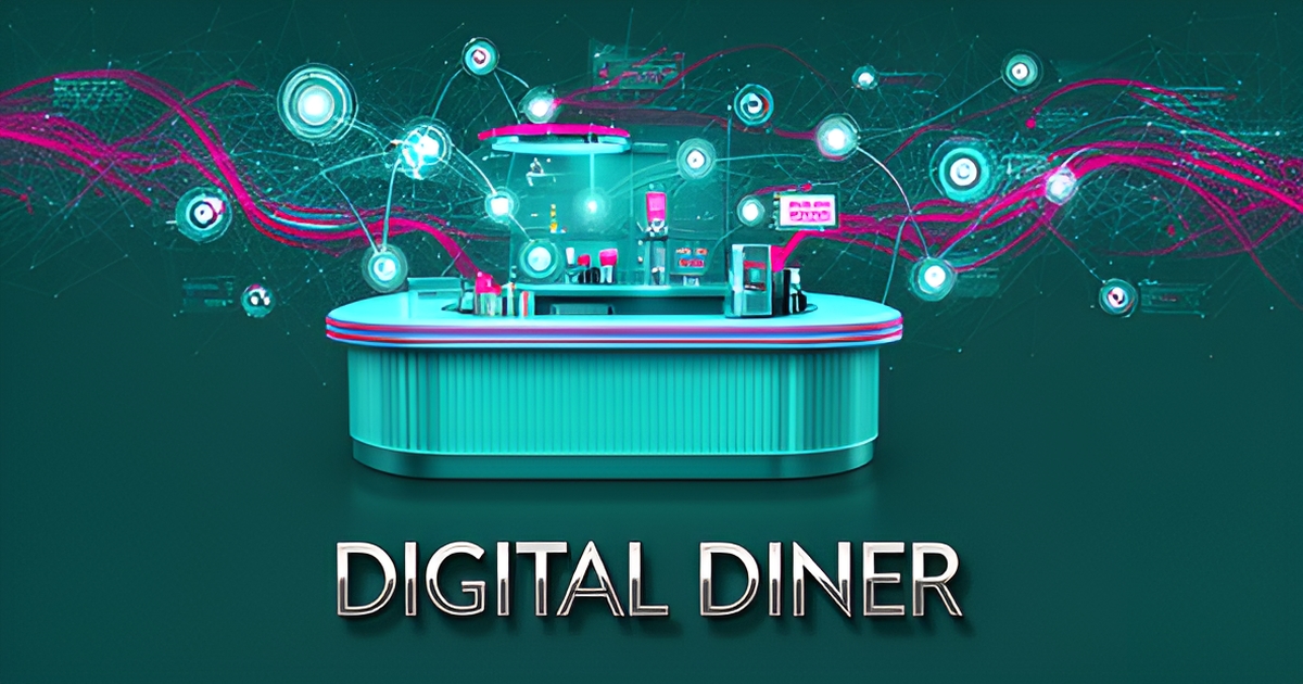 A clean modern flat illustration blending a classic diner aesthetic with digital web design elements and bright brand color accents.