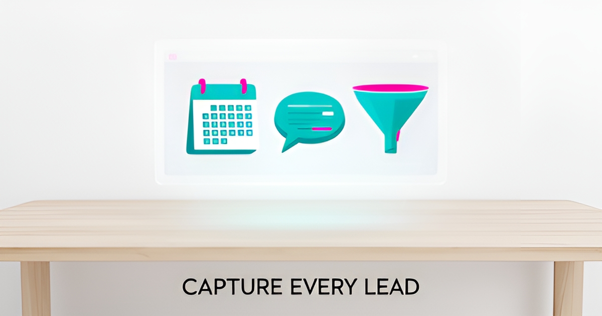 A sleek, modern illustration of digital business tools and AI automation icons in teal and magenta color themes.