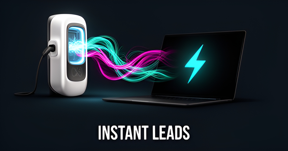 A modern flat illustration depicting an EV charging station connected digitally to a laptop, representing rapid lead capture.