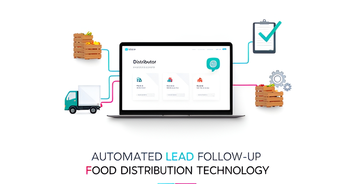 Flat illustration of a food distributor website dashboard with delivery truck and AI automation icons in teal and magenta.