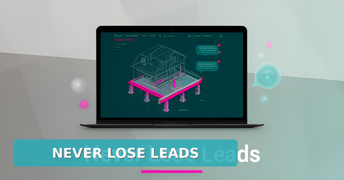 Flat illustration of a laptop showing a foundation repair website with house foundation graphic and AI follow-up icons, headline Never Lose Leads.