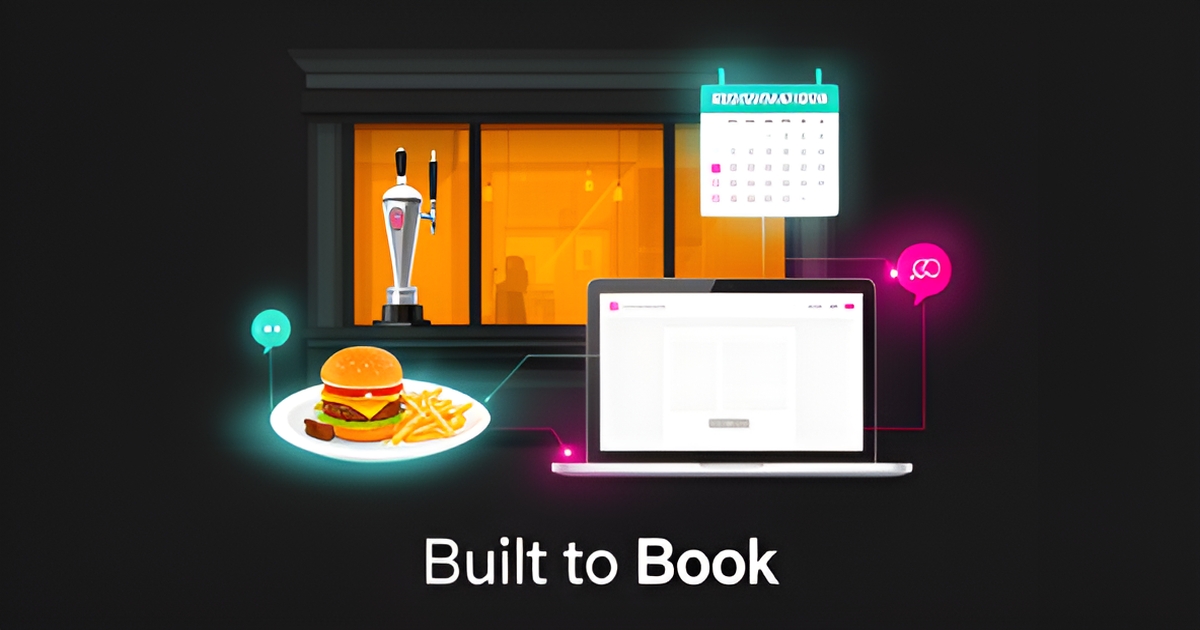 Flat illustration of a gastropub website design with food, laptop, and AI chat elements in teal and magenta accents.
