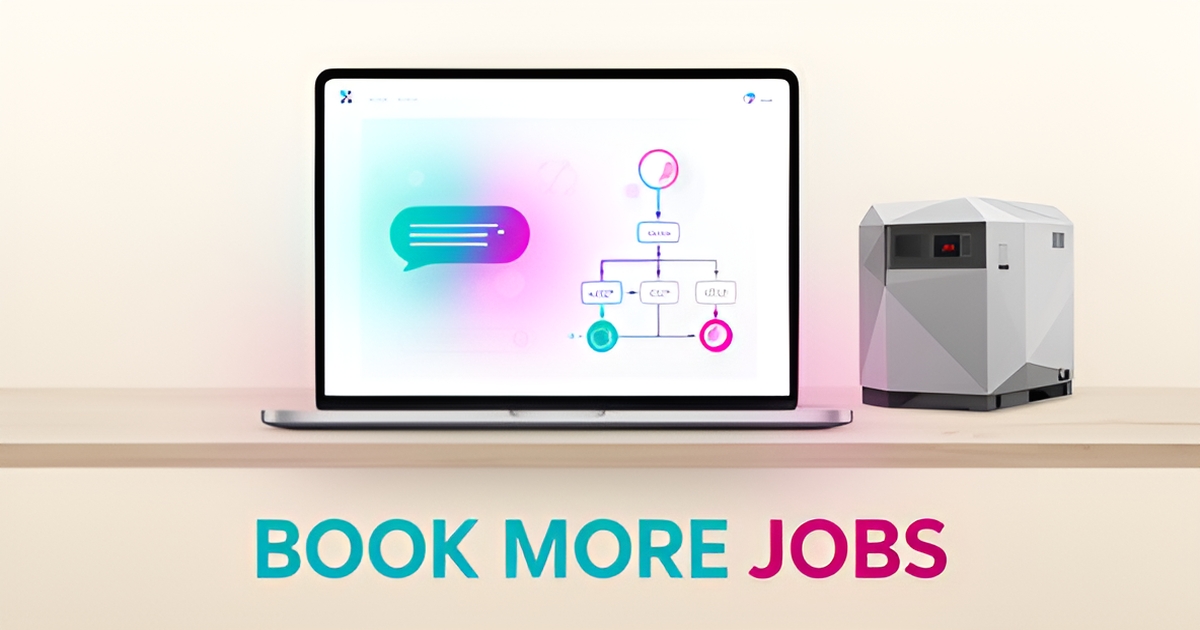 Flat illustration of a laptop showing an AI-powered website dashboard beside a home generator, with headline Book More Jobs.