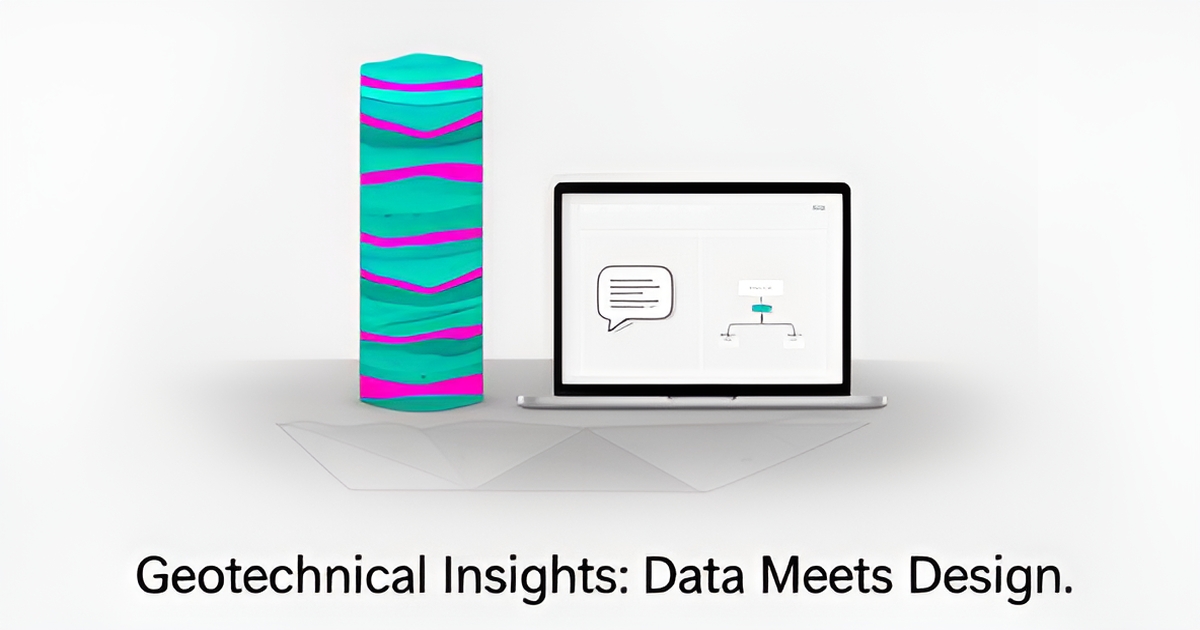 Flat illustration of a soil core sample beside a laptop showing a website with AI chat, in teal and magenta accents.