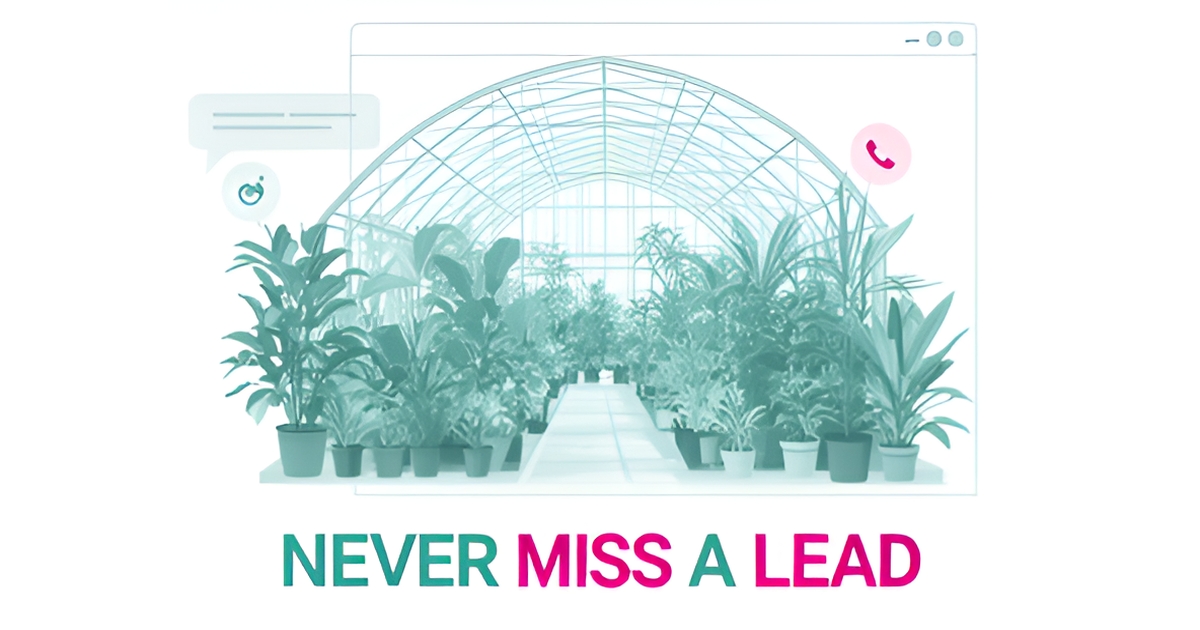 Flat illustration of a greenhouse with AI chat and voice icons in teal and magenta, headline reading Never Miss a Lead.