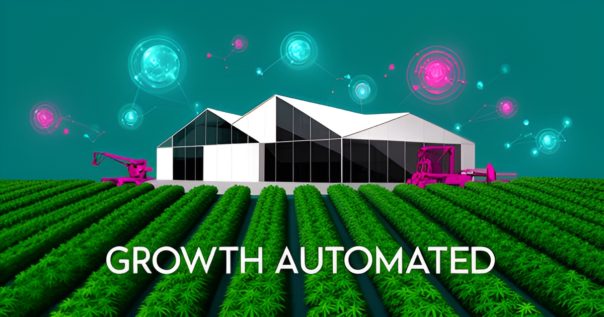 A professional flat illustration of a modern hemp farm with digital data icons symbolizing automated AI lead generation.
