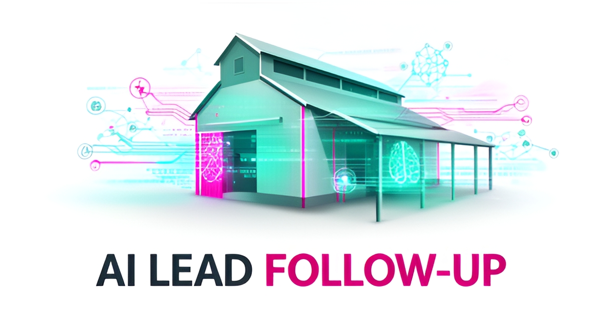 A minimalist flat illustration combining a modern barn and digital AI elements, highlighting automated lead follow-up for farms.