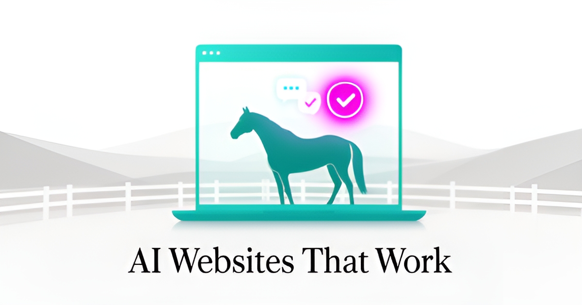Flat illustration of a horse training facility with a stylized website interface and chat icons in teal and magenta brand colors.
