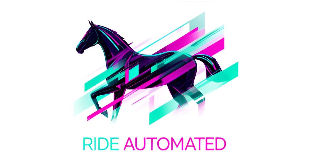 A minimalist flat illustration featuring a horse silhouette and digital design elements representing automated AI horseback riding websites.