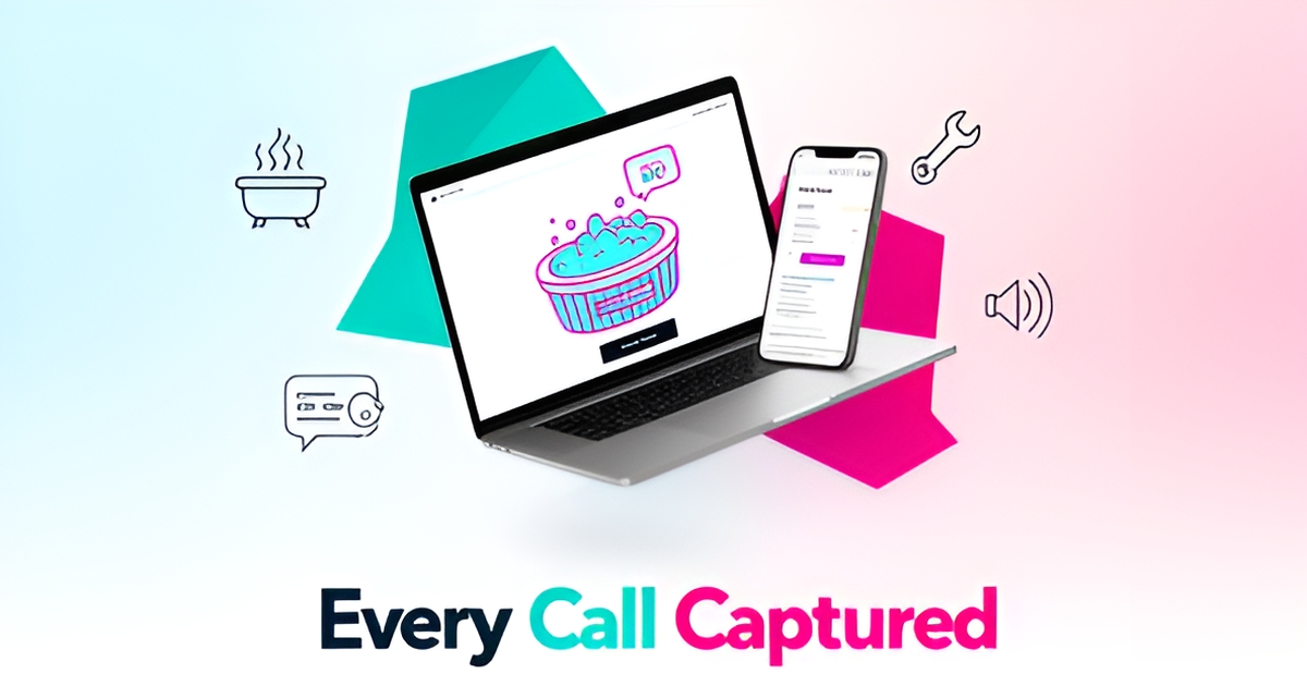 Flat illustration of a hot tub service website on laptop and phone with AI chat and lead capture icons in teal and magenta.