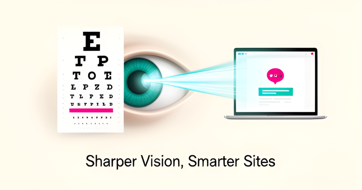 Flat illustration of an eye with laser light rays and a laptop website mockup in teal and magenta, representing LASIK website design with AI tools.