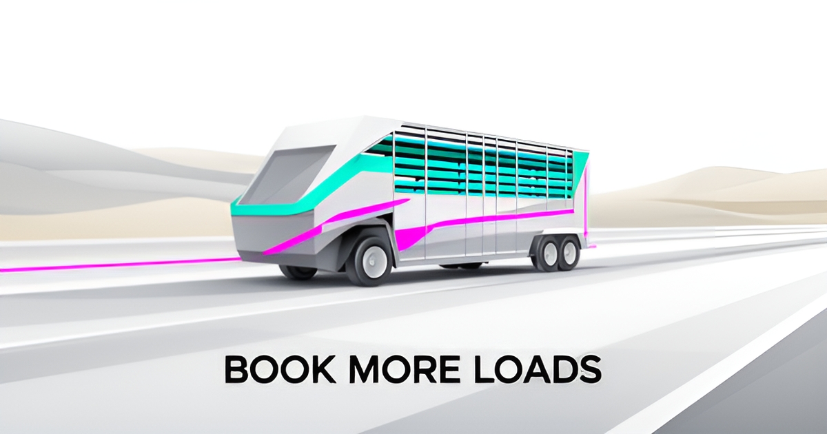 A minimalist flat illustration of a livestock trailer on a highway, symbolizing automated hauling logistics and website services.
