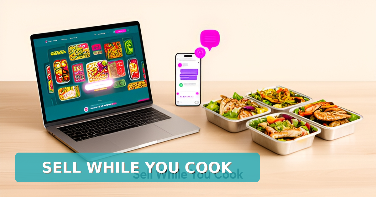 Flat illustration of a laptop showing a meal prep website with AI chat follow-up beside fresh meal prep containers in teal and magenta accents.