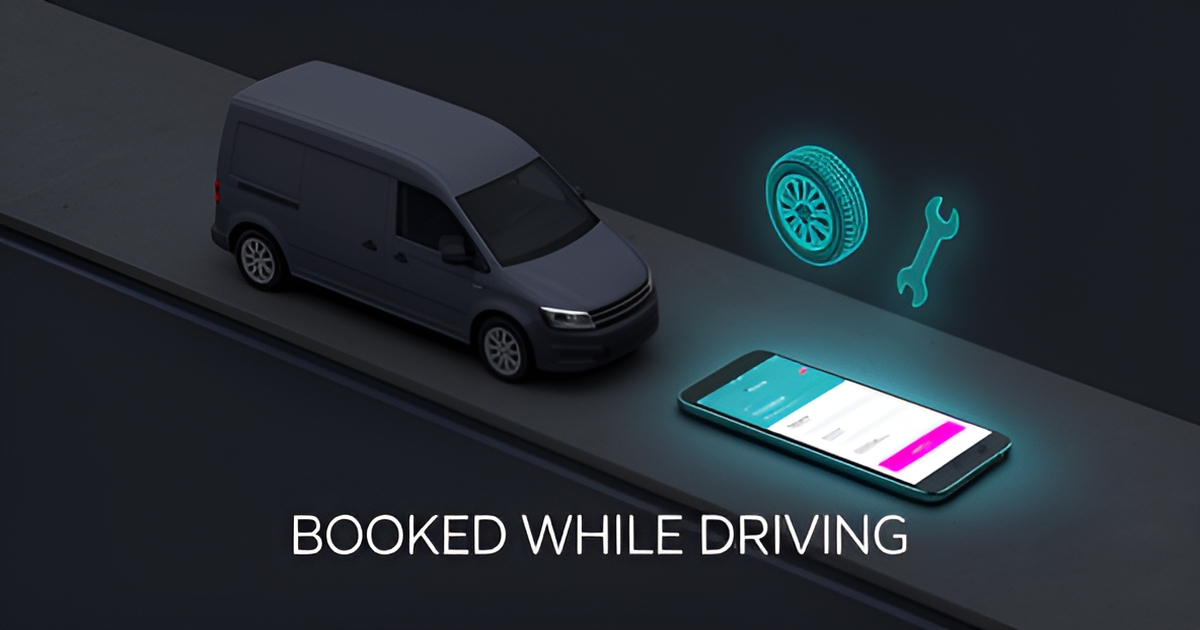 Flat illustration of a mobile tire service van with a glowing booking app on a smartphone, accented in teal and magenta.