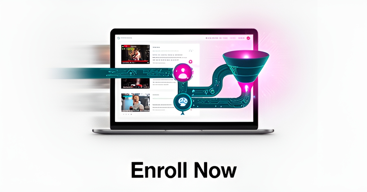 Flat illustration of a course website funneling visitors into an AI-powered enrollment system with teal and magenta accents.