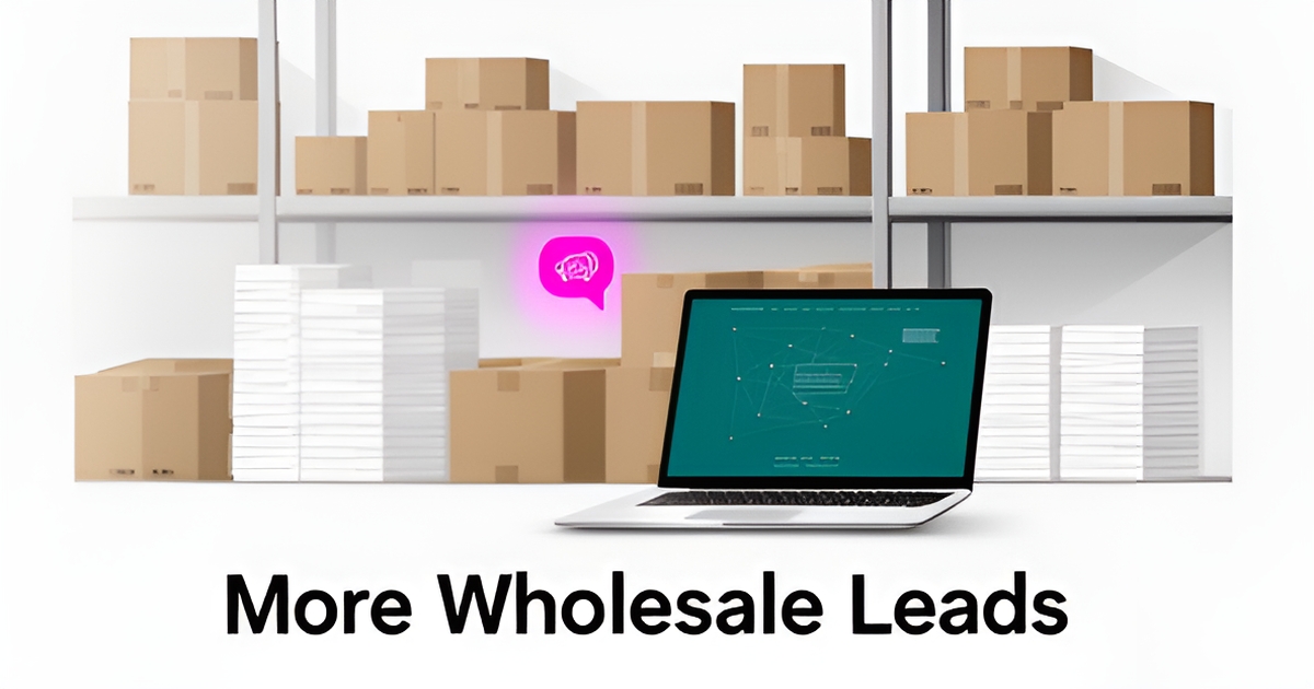 Flat illustration of paper products, boxes, and a laptop with AI chat icon, headlined More Wholesale Leads.