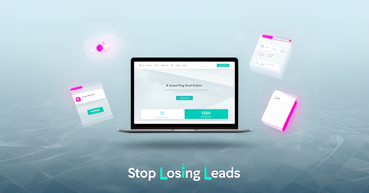 Flat illustration of a pool builder website on a laptop with AI chat and lead pipeline elements in teal and magenta, headline Stop Losing Leads.