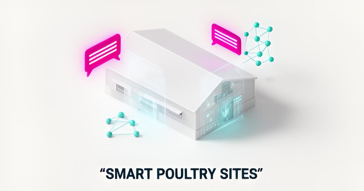 A minimalist isometric illustration of a modern poultry farm incorporating digital automation icons in teal and magenta tones.