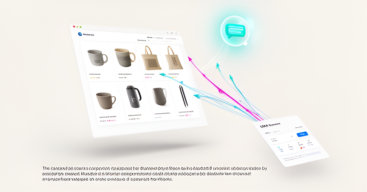 Flat illustration of a promotional products website with AI chatbot and CRM lead automation in teal and magenta accents.