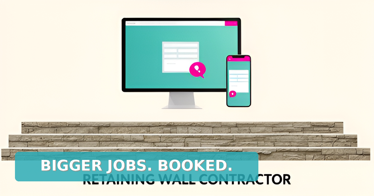 Flat illustration of a contractor website mockup over terraced retaining walls with teal and magenta accents and the headline Bigger Jobs Booked.