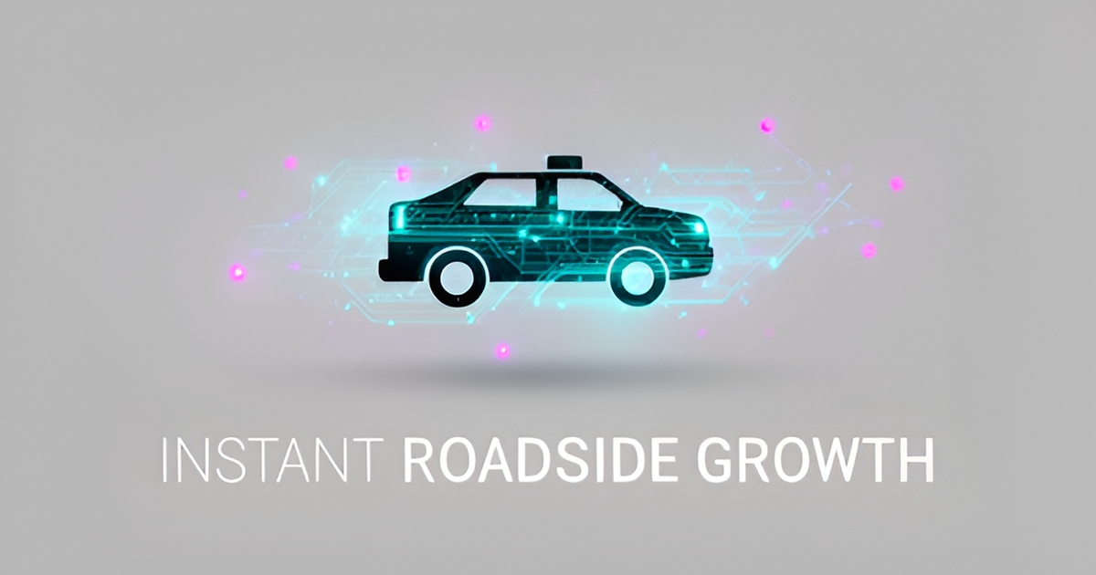 A clean, modern illustration featuring abstract digital icons and service vehicle elements in teal and magenta, representing AI-driven roadside assistance.