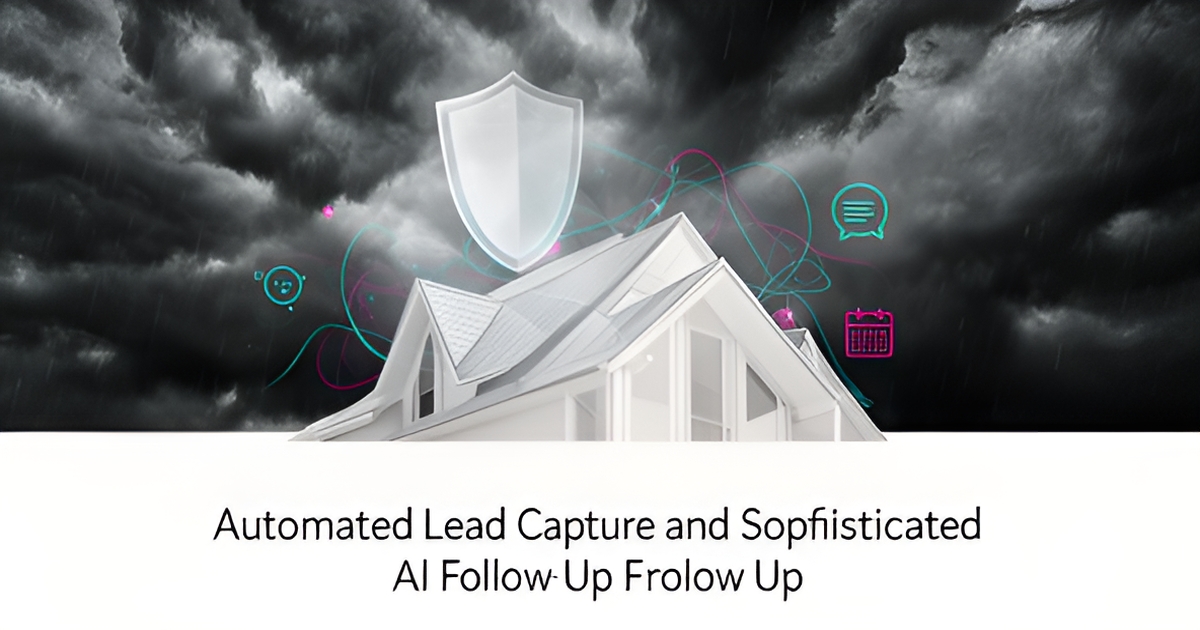 Flat illustration of a house roof protected by digital AI connection lines with a storm-proof pipeline headline for roof inspection website design.